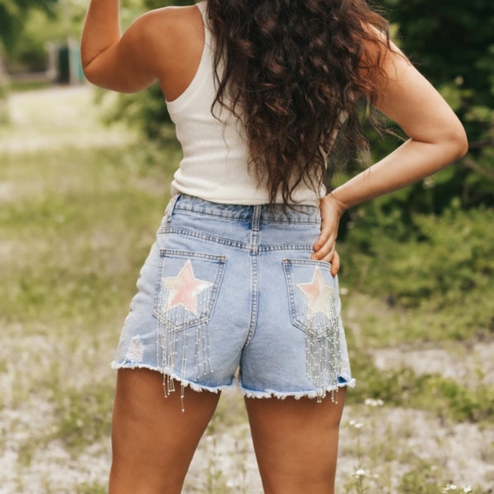 Star Patch Fringe Denim Shorts